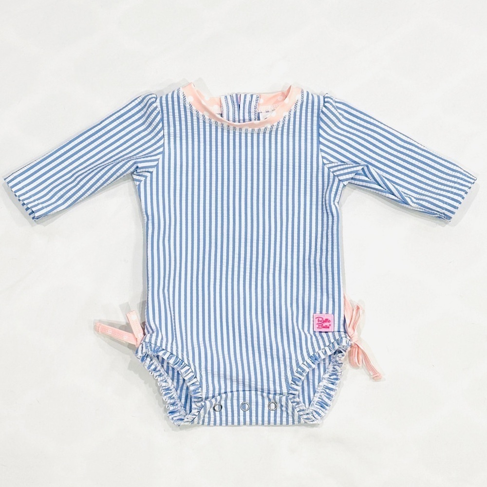 NWOT Ruffle Butts Infant/Newborn One Piece Seersucker Rashguard Swimsuit